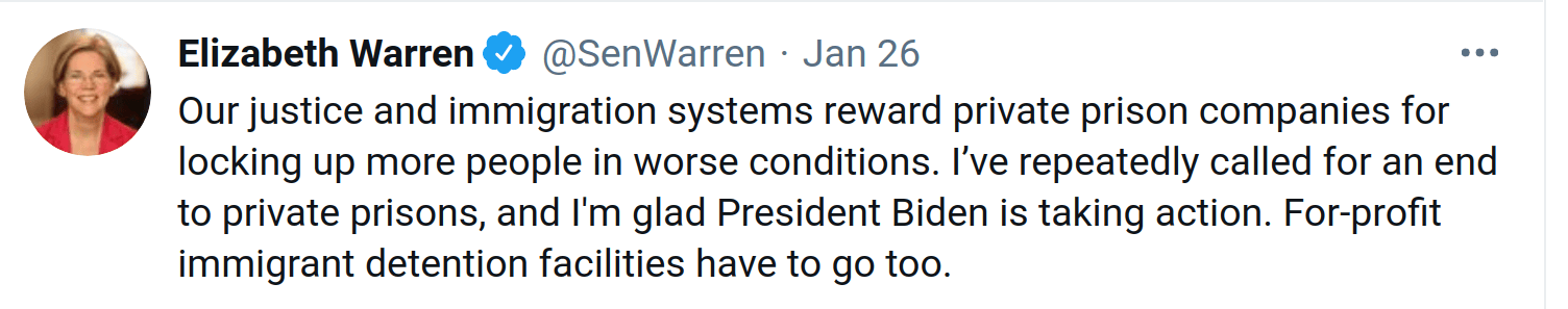 Tweet de la senadora demócrata Werren comentando acerca de la orden de biden sobre las prisiones privadas
