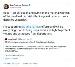 Tweet de representante demócrata defendiendo a los migrantes indocumentados deportados