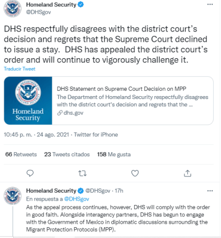 Nota informando sobre la decisión de la Corte Suprema respecto al programa Remain in Mexico. La imagen es de un comunicado vía Twitter del Departamento de Seguridad Nacional de los Estados Unidos (DHS). 