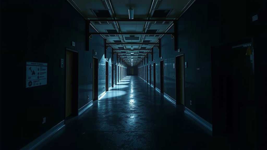 Desolate view of an empty detention center hallway