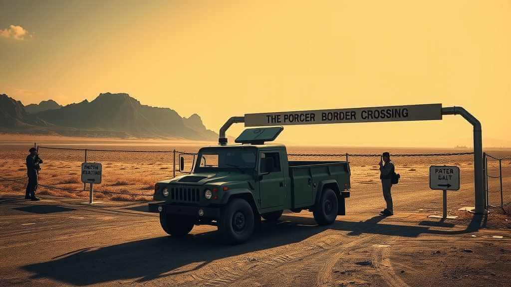 Military presence at the border with an ominous atmosphere.