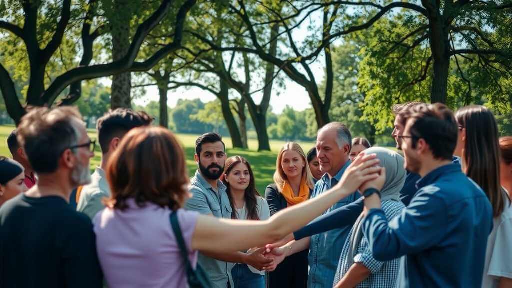 Diverse individuals standing united in a park advocating for migrants