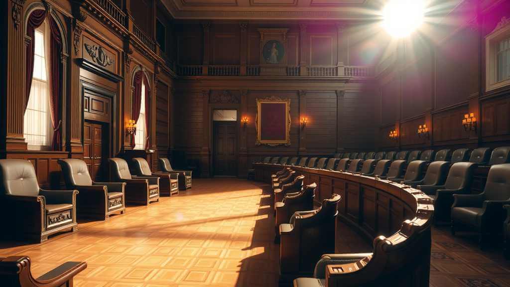 Senate chamber illuminated by sunlight, evoking contemplation.