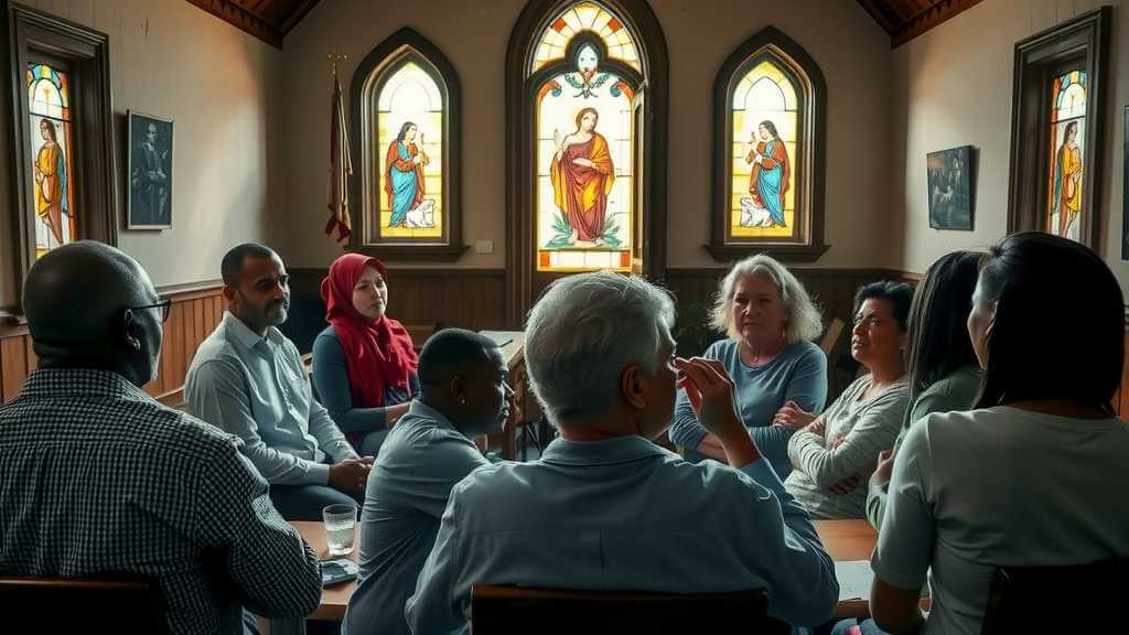 Community members participating in a meeting in a church.