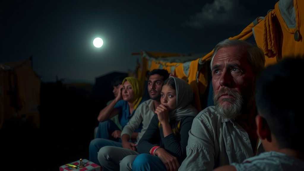 Refugees in a makeshift camp under moonlight.