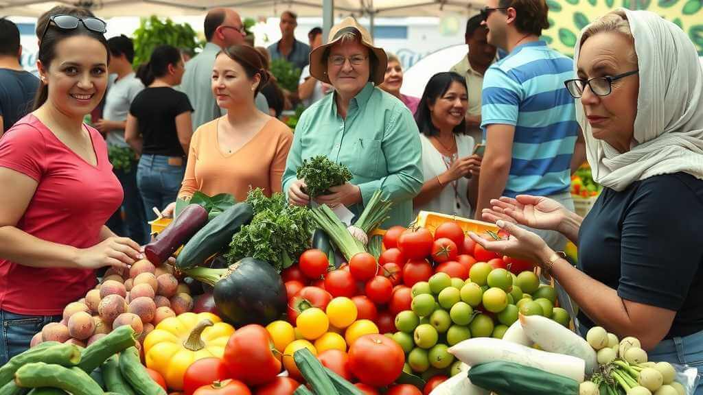 Local farmers selling fresh produce at a market, reflecting community support.