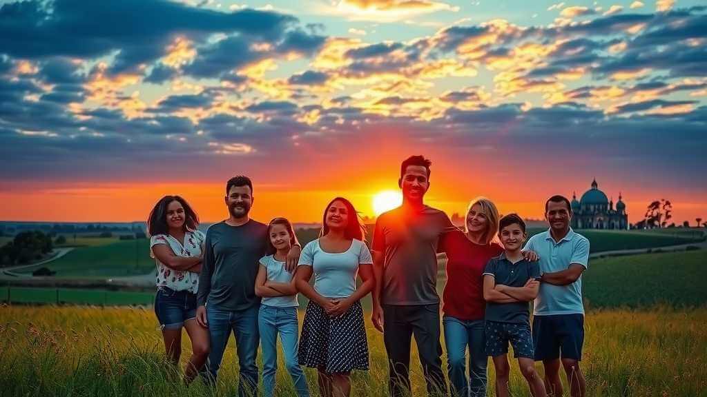 Diverse families standing together in a peaceful countryside at sunset expressing unity.