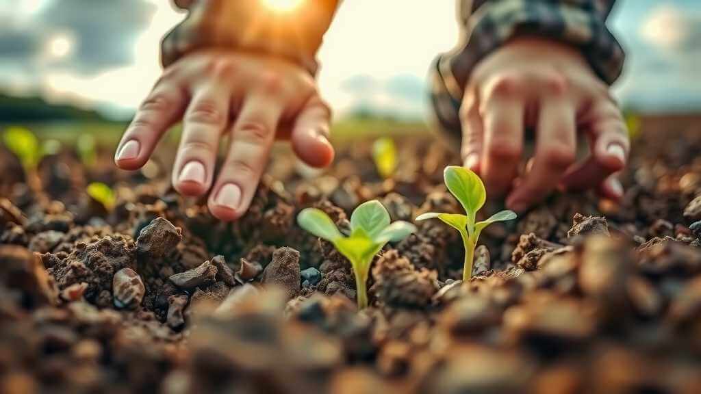 Hands planting seeds in soil, representing hope and growth in agriculture.