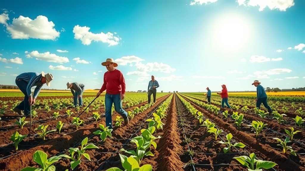 Farmworkers tending to crops in a wide agricultural field.