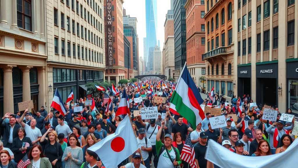 A city street filled with people marching for immigrant rights.