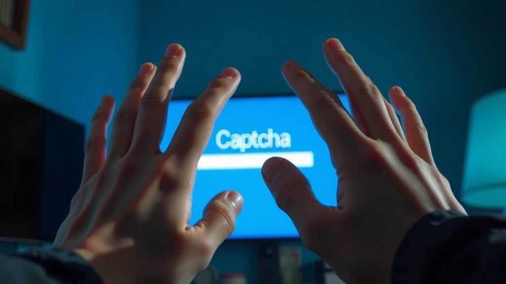 A person's hands near a computer screen with a glowing captcha.