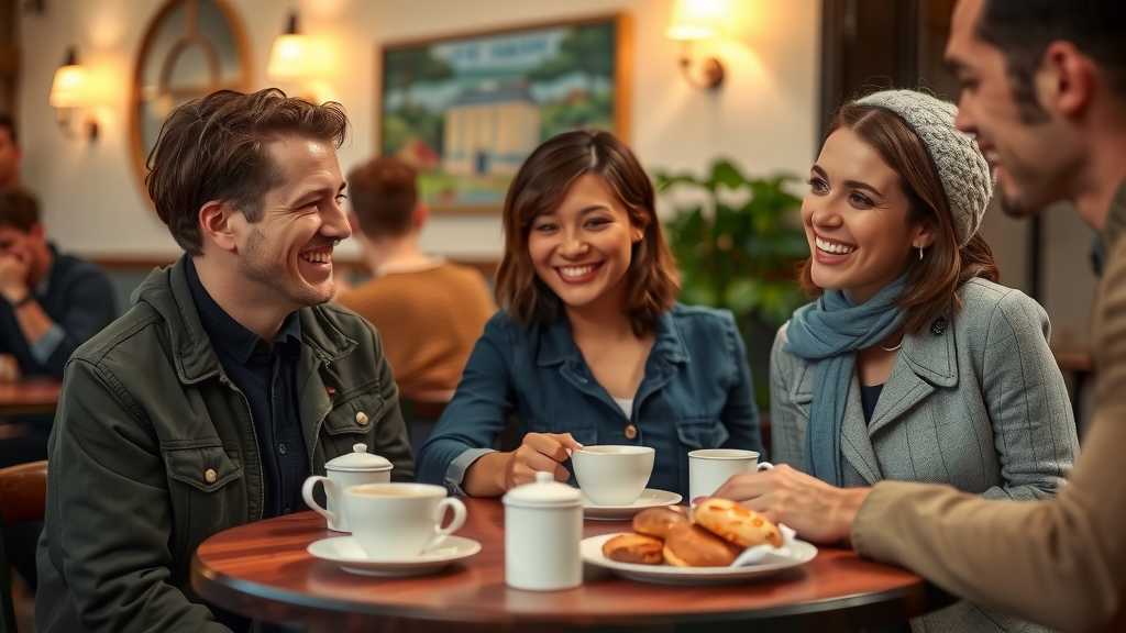 Friends enjoying coffee in a cozy café.