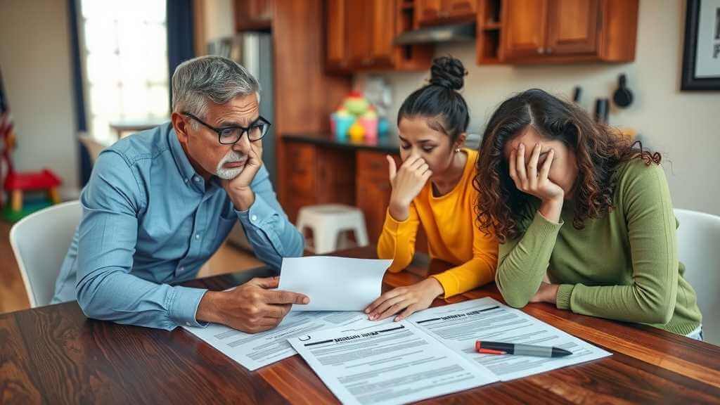 Family preparing immigration documents with worried expressions in a cozy home setting.