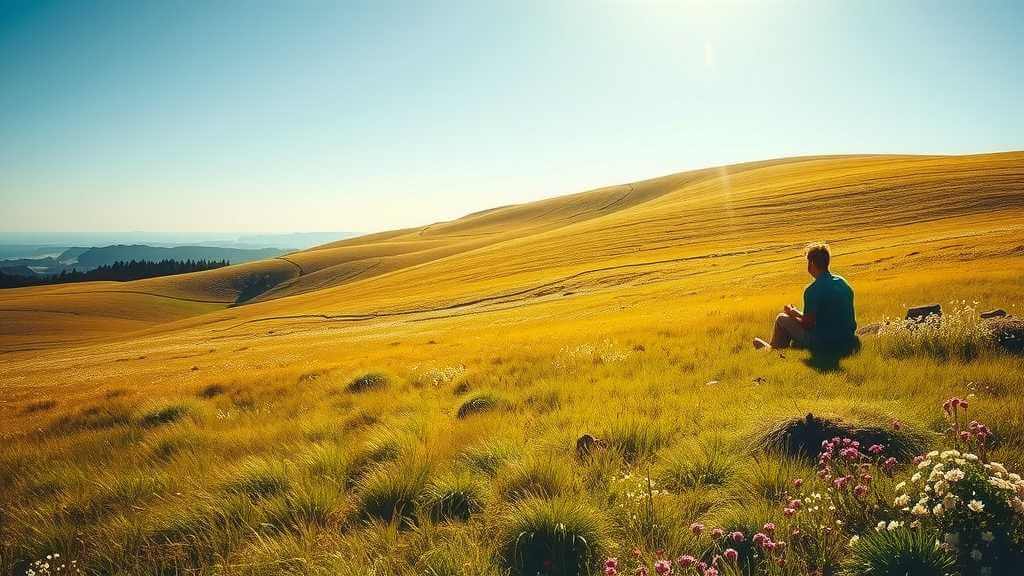 Lone figure sitting in a green field under blue sky.