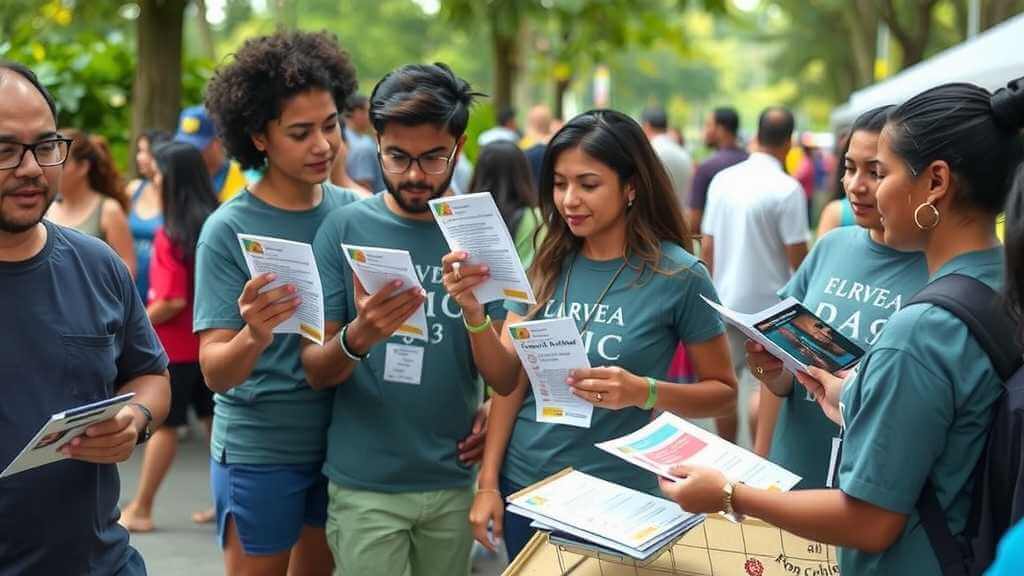 Volunteers engaging with community members, distributing resources in various languages at an outdoor event.