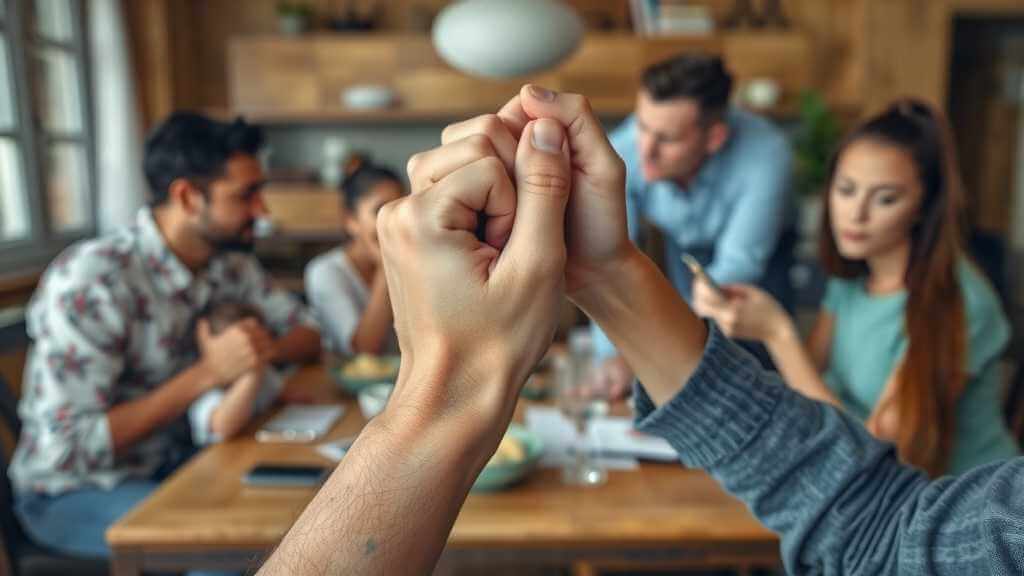 Hands showing tension amidst family gathering.