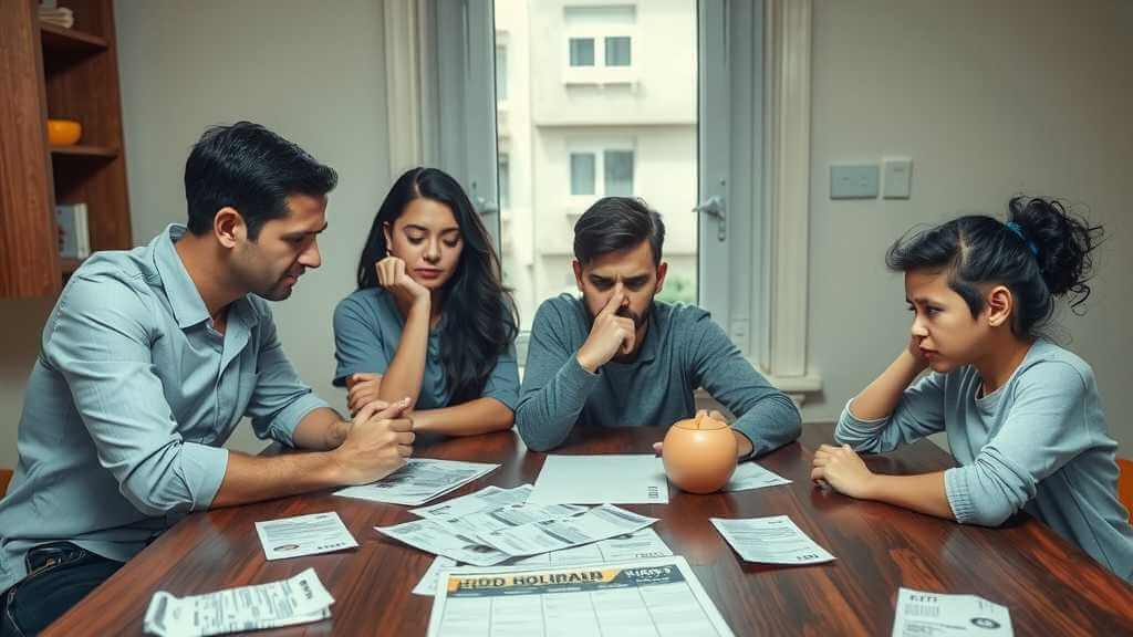 Family discussing budget with expressions of worry at the kitchen table